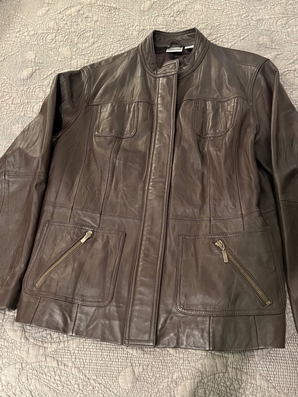 Chicos Soft Brown Leather Zippered Jacket NWOT Large w/ Pockets Classic Look